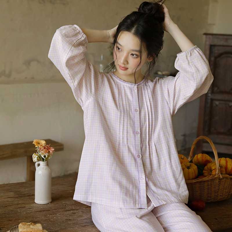 专柜品牌秋季新品女士纯棉棉纱圆领简约格纹可外穿家居服长袖套装