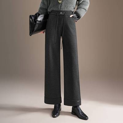 时尚毛呢直筒阔腿裤女2025秋冬新款韩版显瘦高腰通勤遮跨休闲裤