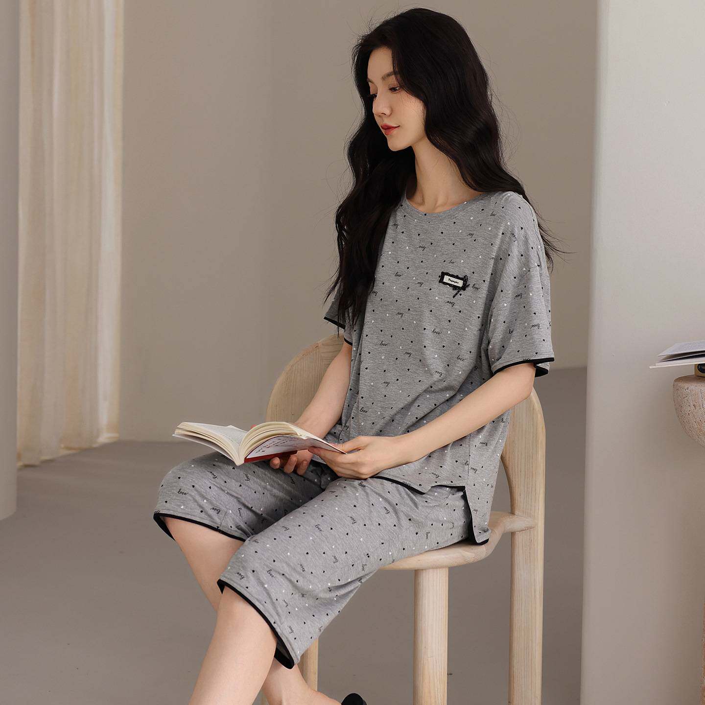 商场品牌睡衣女款2026新款夏季纯棉带胸垫夏天短袖七分裤薄波点家