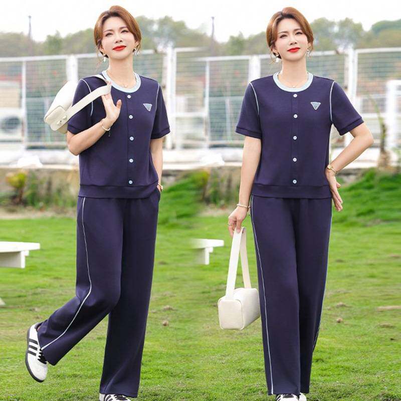商场品牌小个子妈妈夏装休闲运动服套装端庄大气中老年夏季短袖t