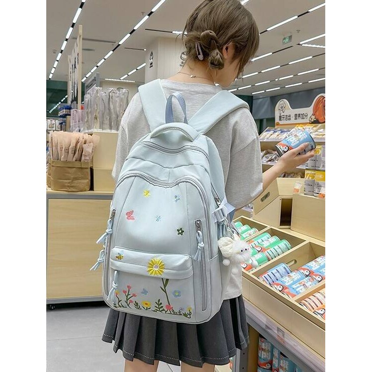 专柜品牌韩系治愈浅色系雏菊刺绣花朵双肩包青春洋溢中学女生学院