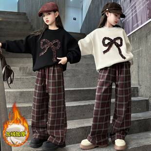 商场品牌女童加绒卫衣套装秋冬季洋气时髦中大童女孩宽松格子阔腿