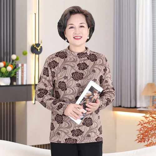 专柜品牌中老年人女士冬装加绒打底衫奶奶碎花贴身德绒保暖上衣妈