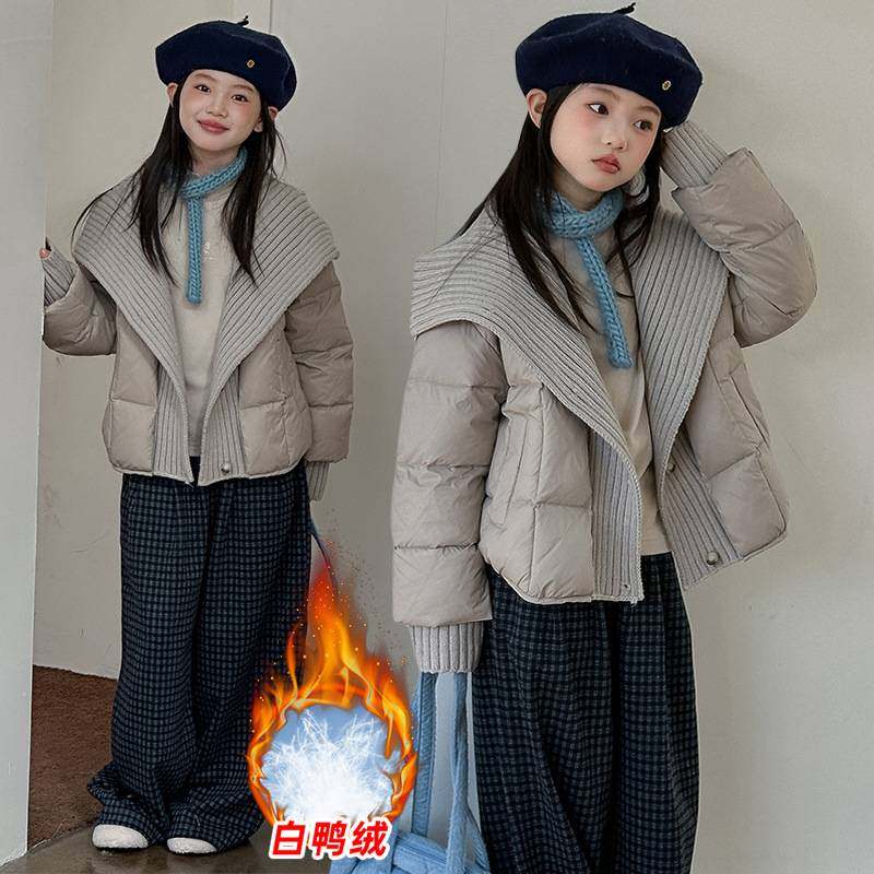 商场品牌女童冬装羽绒服2025新款儿童韩系高领拼接中大童短款90白
