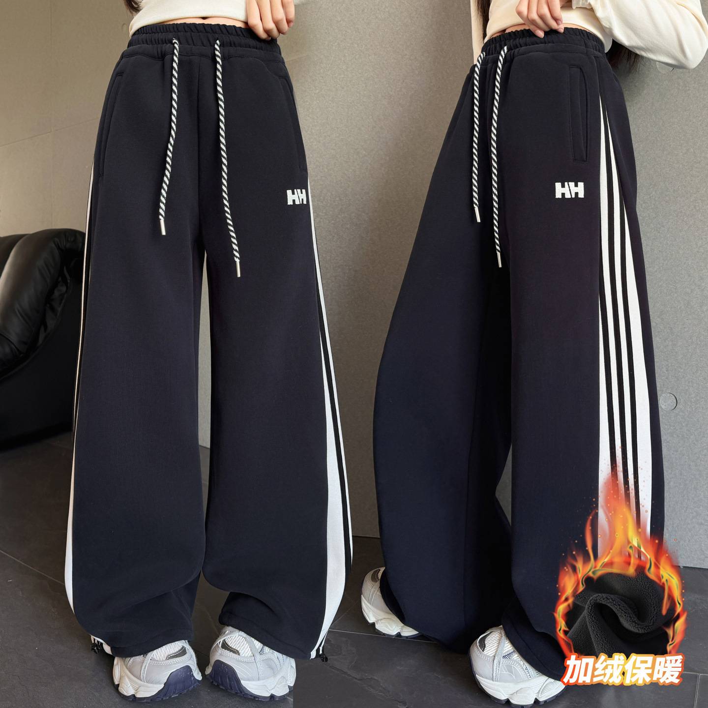 商场品牌女童秋冬款侧拉条加绒直筒运动裤2025新款大童一体绒加厚