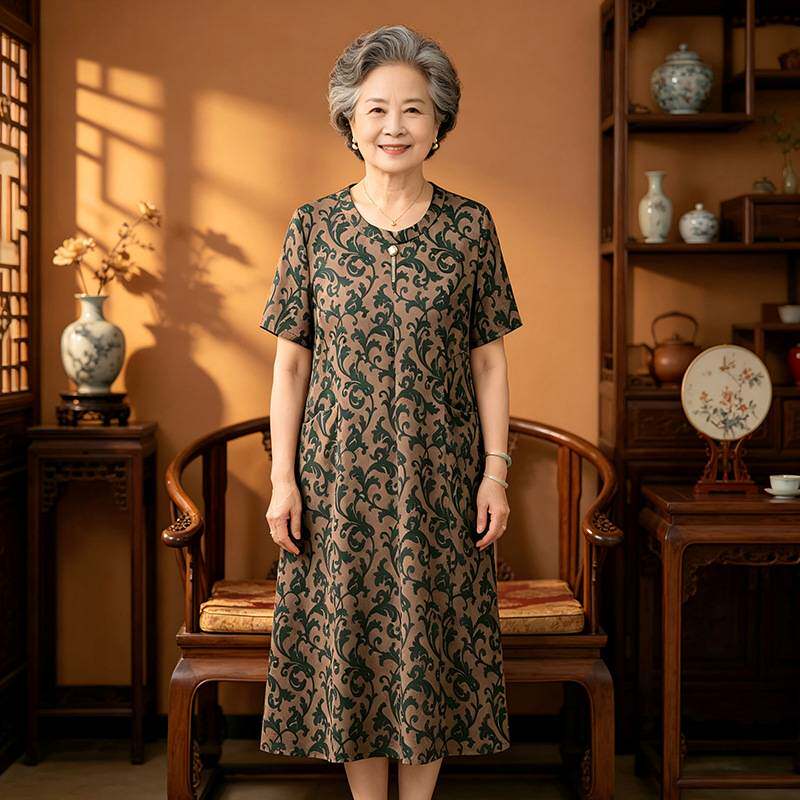 商场品牌中老年女装老太太短袖连衣裙妈妈夏季圆领碎花洋气休闲中