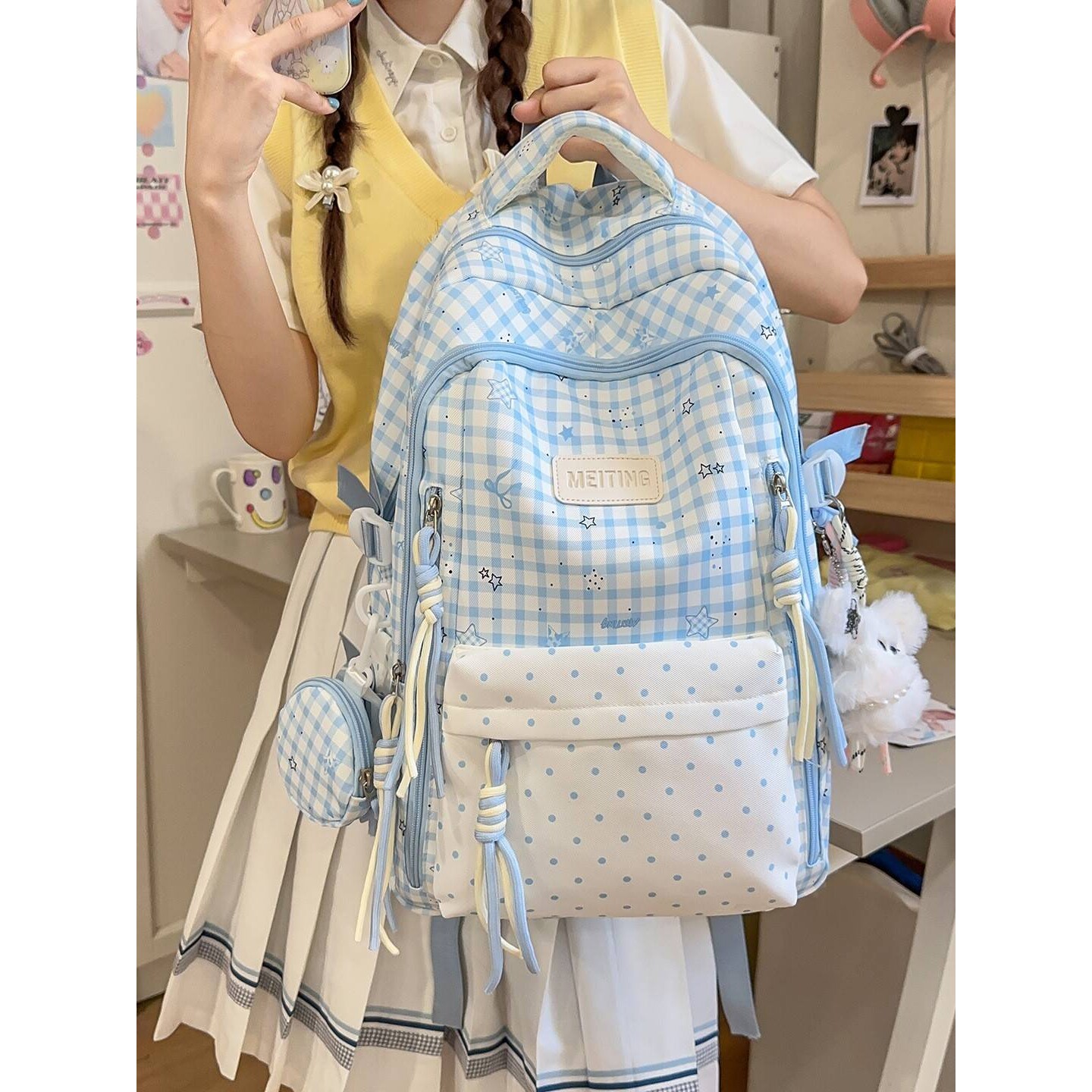 专柜品牌治愈系蓝白格纹元气满满书包韩系ins学院风初高中女生甜