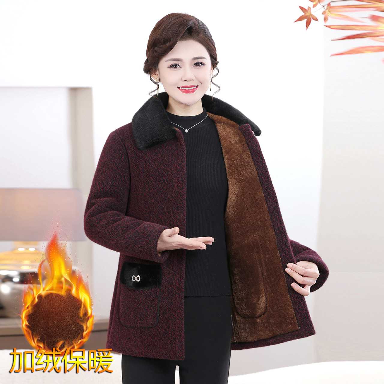 专柜品牌妈妈冬装加绒加厚棉衣外套新款时尚翻领棉袄中老年奶奶装