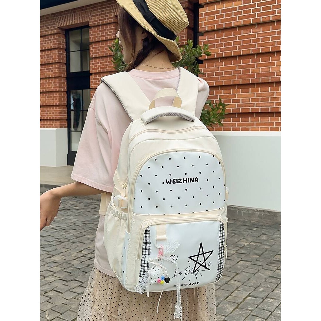 专柜品牌米白波点拼色学院风小仙女甜美感背包中小学生上课假期出