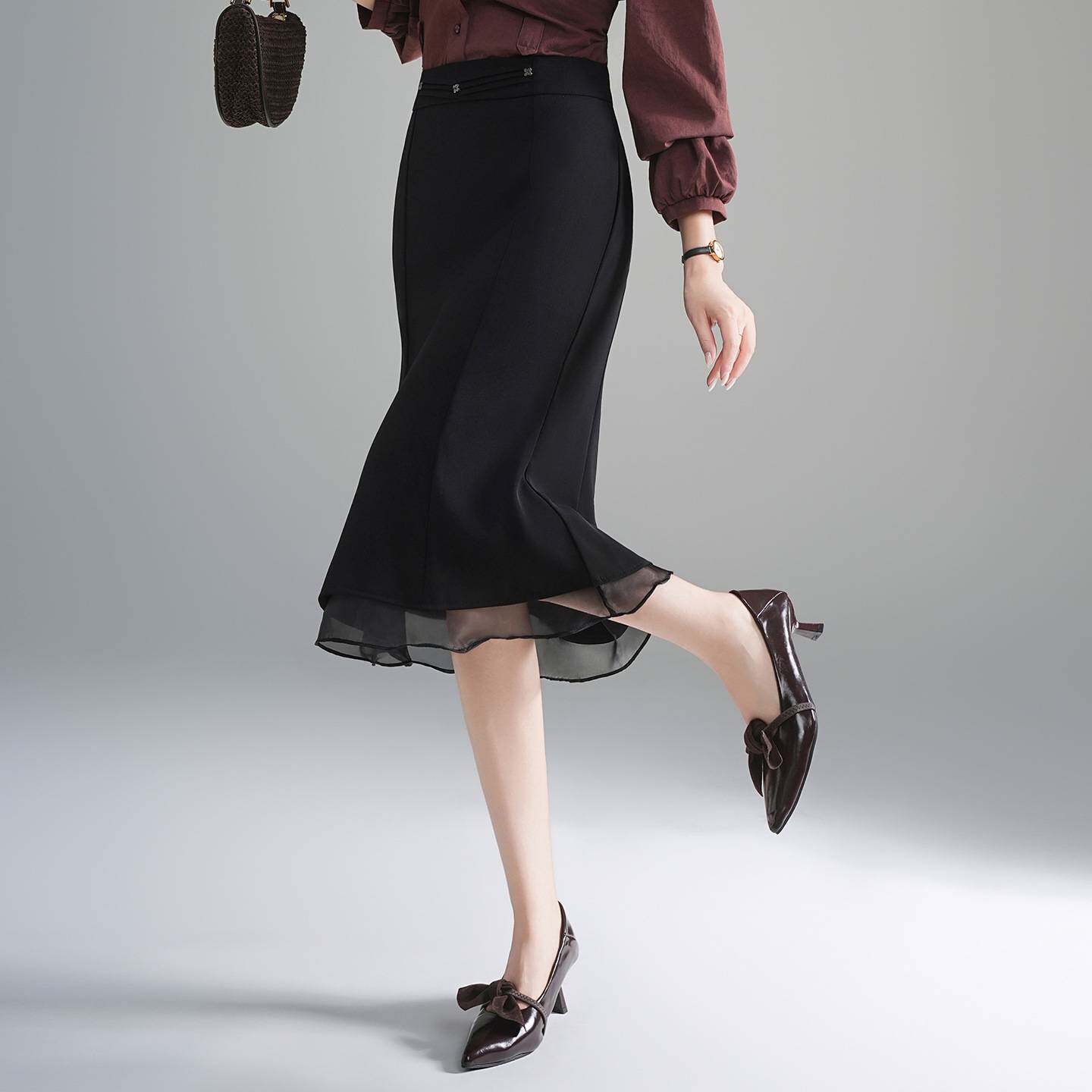 商场品牌鱼尾裙半身裙女2026新款春秋季高腰显瘦中长款网纱拼接包