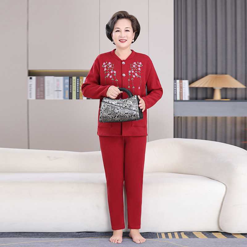 专柜品牌秋冬季妈妈开衫加绒德绒秋衣秋裤奶奶一整套中老年人保暖