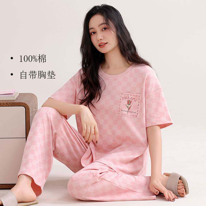 商场品牌纯棉睡衣女款夏季2026新款带胸垫短袖长裤大码粉色全棉家