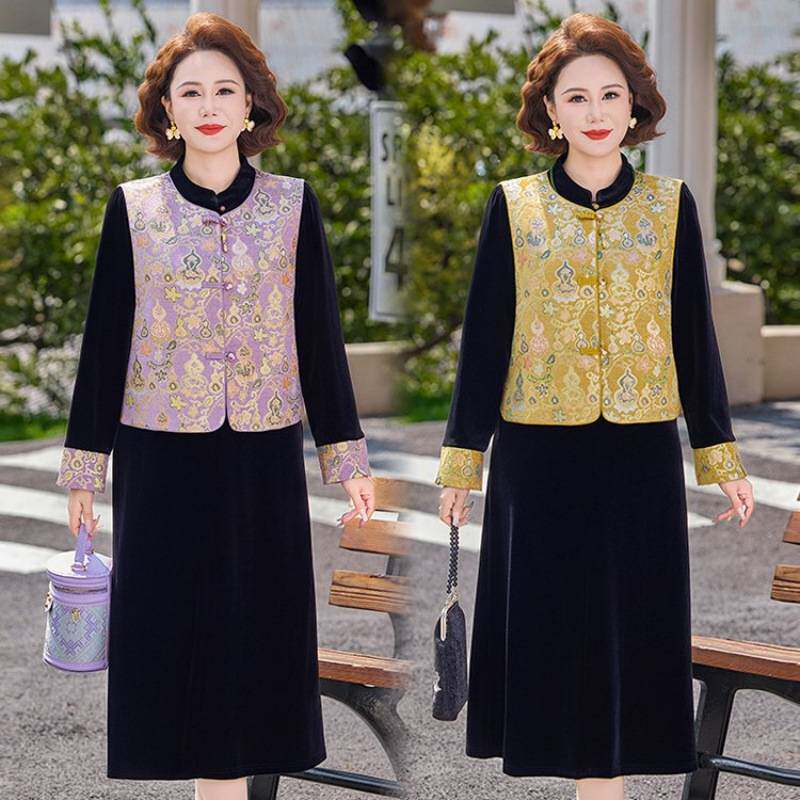 商场品牌妈妈春装新中式马甲两件套连衣裙中老年女装春秋坎肩打底