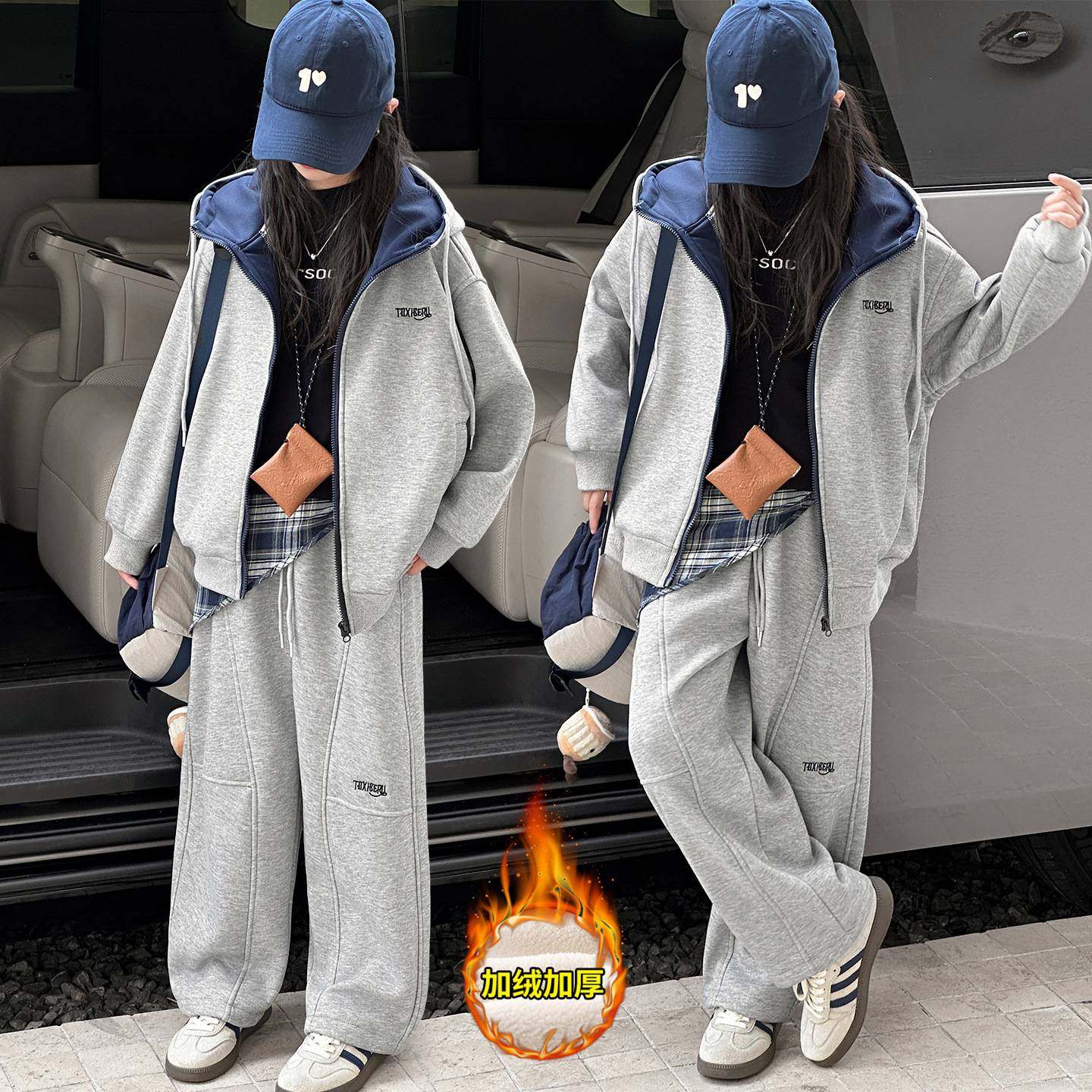 商场品牌女童秋冬加绒套装2025新款儿童网红大童时髦加厚一体绒两