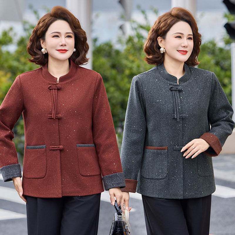 商场品牌妈妈高级立领女装中式夹克感外套中老年春装洋气女上衣盘