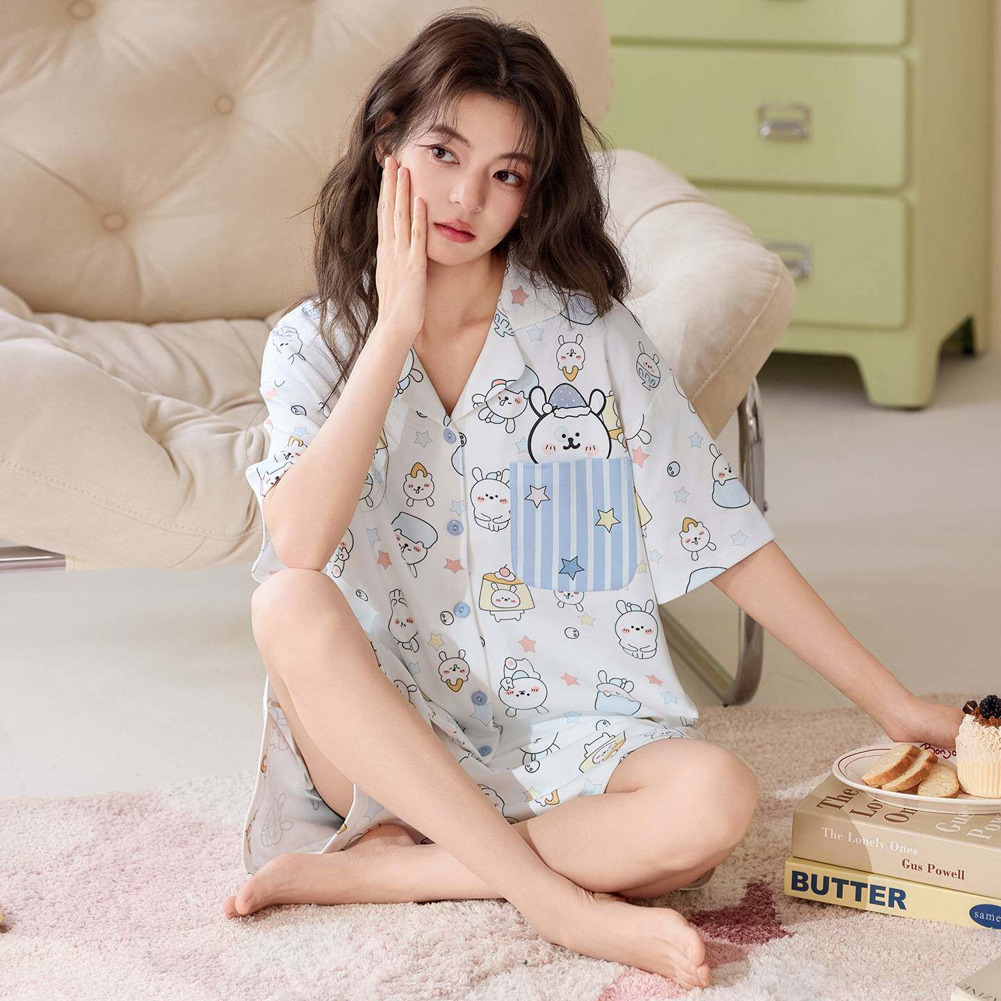 商场品牌纯棉睡衣女款2026年新款夏季薄款休闲可爱卡通短袖全棉家
