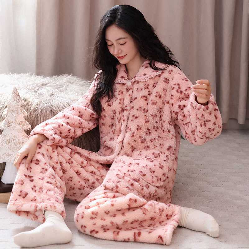 专柜品牌珊瑚绒睡衣女秋冬季2026年新款粉色豹纹加绒加厚法兰绒家
