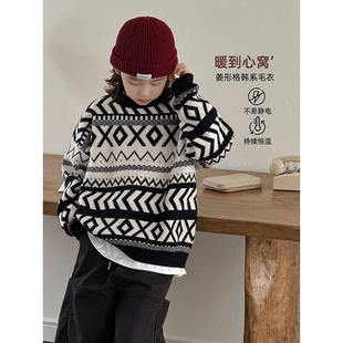 商场品牌复古套头毛衣男童冬季2025新款宽松慵懒风高级设计感加厚