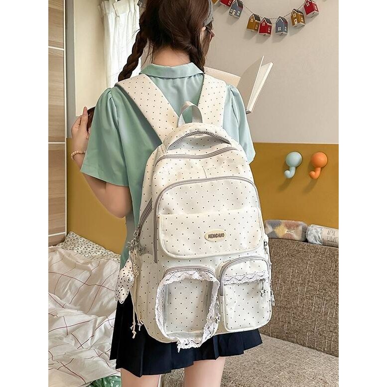 专柜品牌日系奶白波点蕾丝花边背包清新少女初高中学生温柔甜美风