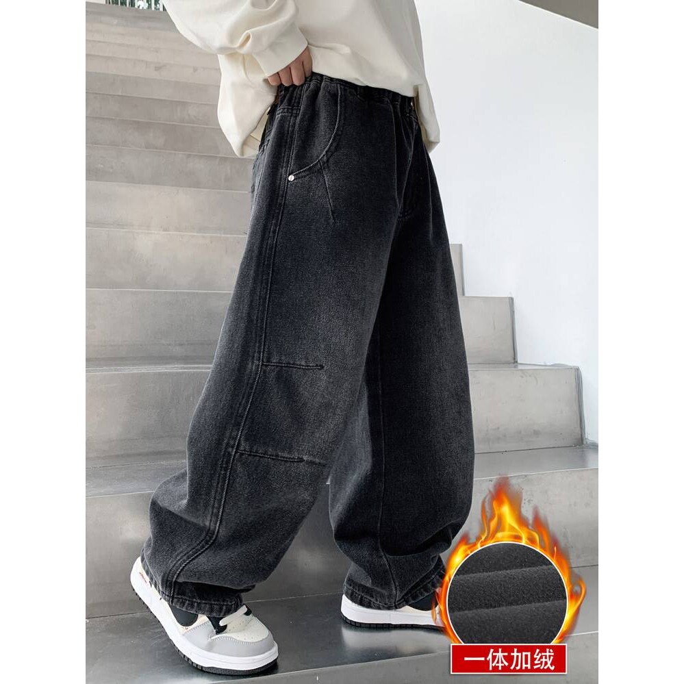 商场品牌男童加绒牛仔裤2025冬季新款中大童时尚休闲阔腿裤子宽松