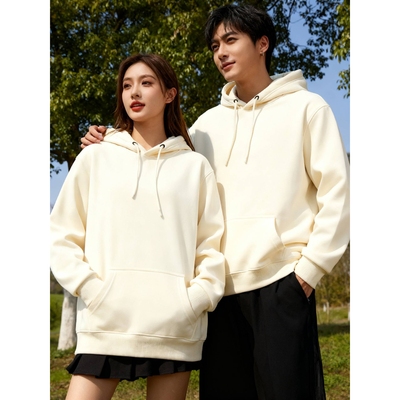 商场品牌新款秋冬季加绒连帽卫衣男女纯色大码宽松复合纯棉帽衫套