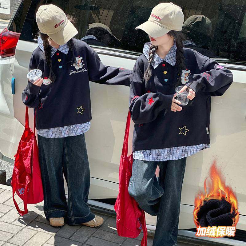 商场品牌女童秋冬卫衣假两件拼接加绒儿童冬季女孩翻领中大童时髦