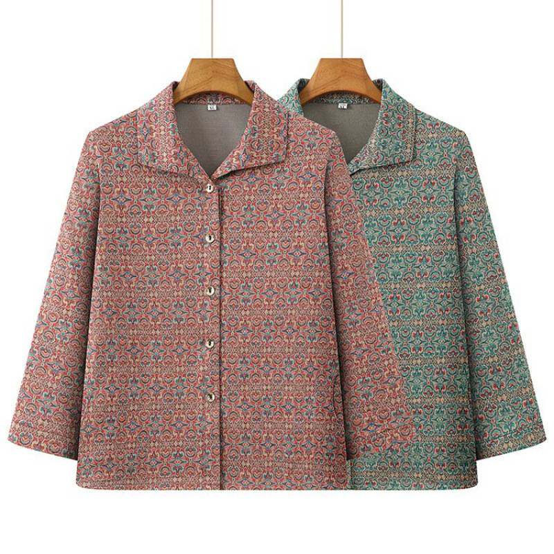 商场品牌中老年女士春秋薄款印花衬衫大码宽松翻领长袖上衣舒适百