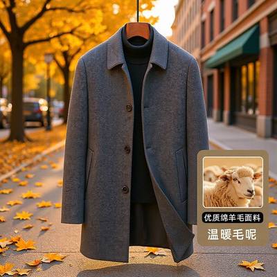 商场品牌男式大衣2025秋冬中长款翻领青年商务羊毛呢风衣净色保暖