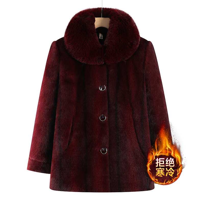 专柜品牌奶奶冬季仿貂绒外套女中老年翻领大衣妈妈加绒棉袄婆婆加
