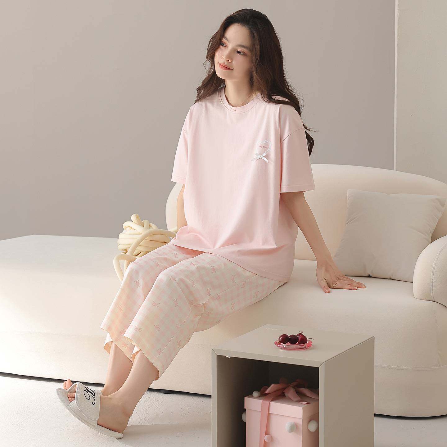 商场品牌睡衣女款2026新款夏季纯棉高级感女士短袖七分裤薄款奶萌
