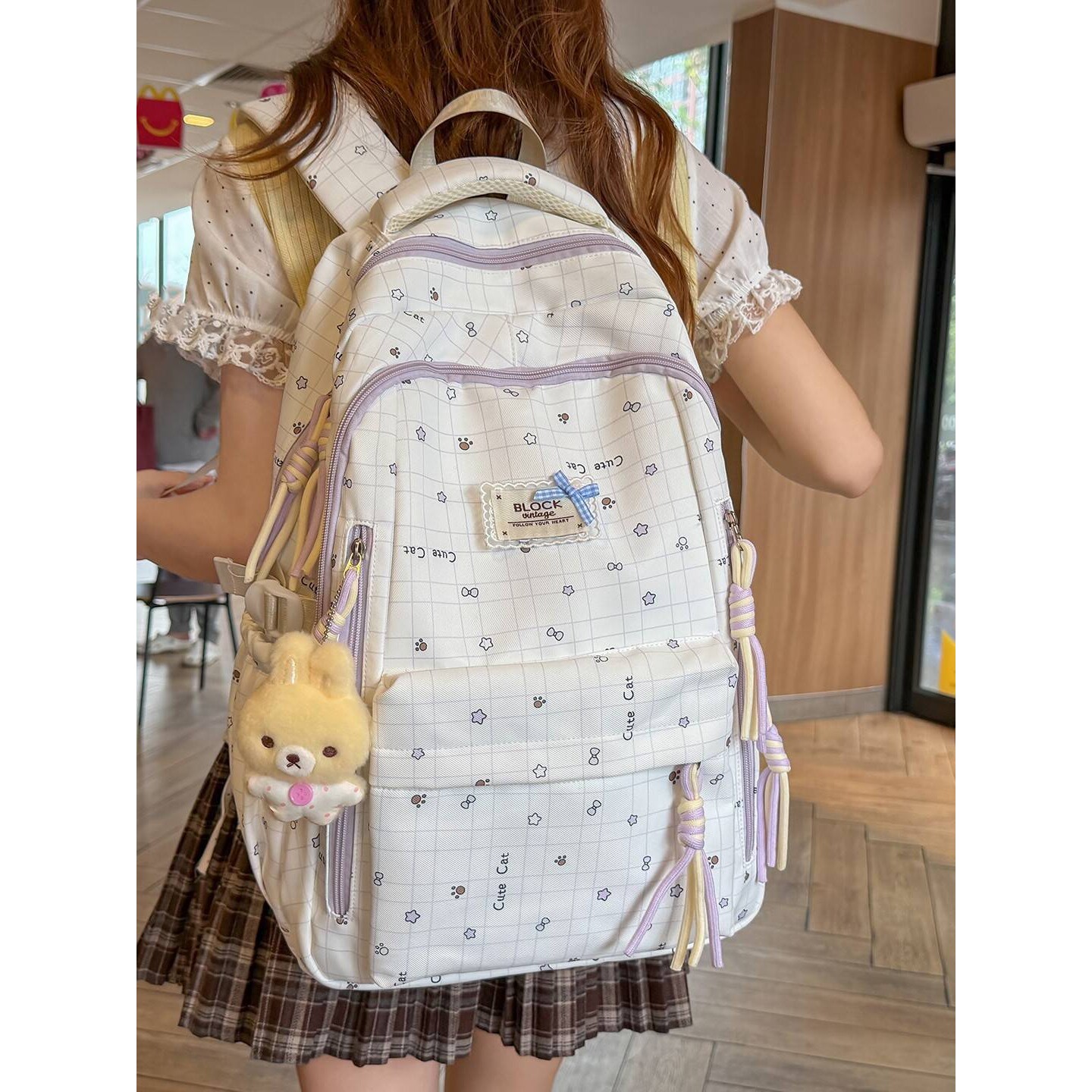专柜品牌韩系清新格纹小猫双肩书包清爽元气少女初高中女生学院风