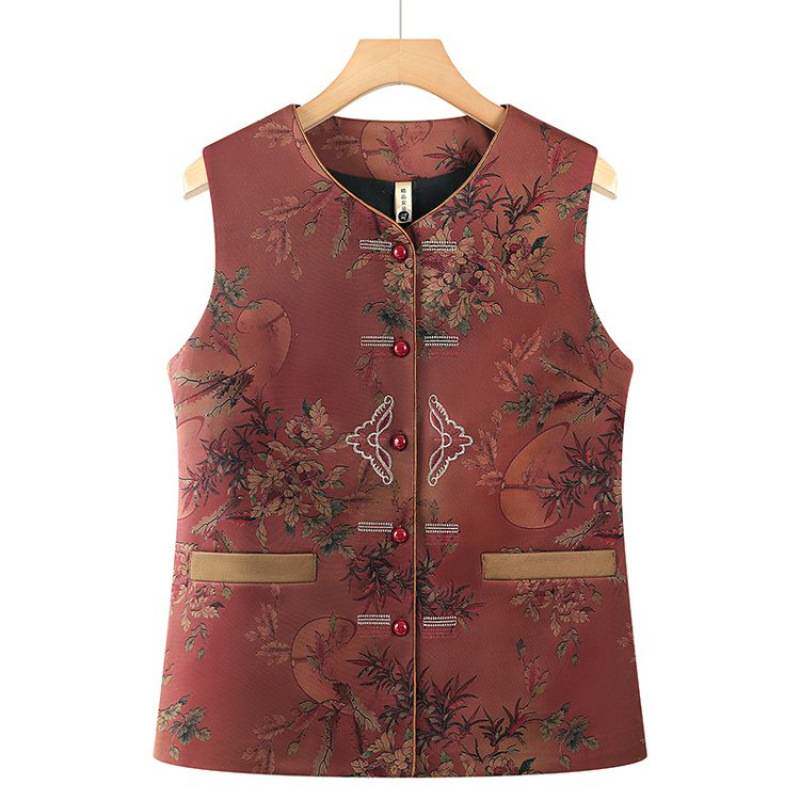 商场品牌中老年女士大码马甲春秋新款无袖内搭保暖背心中式花卉图