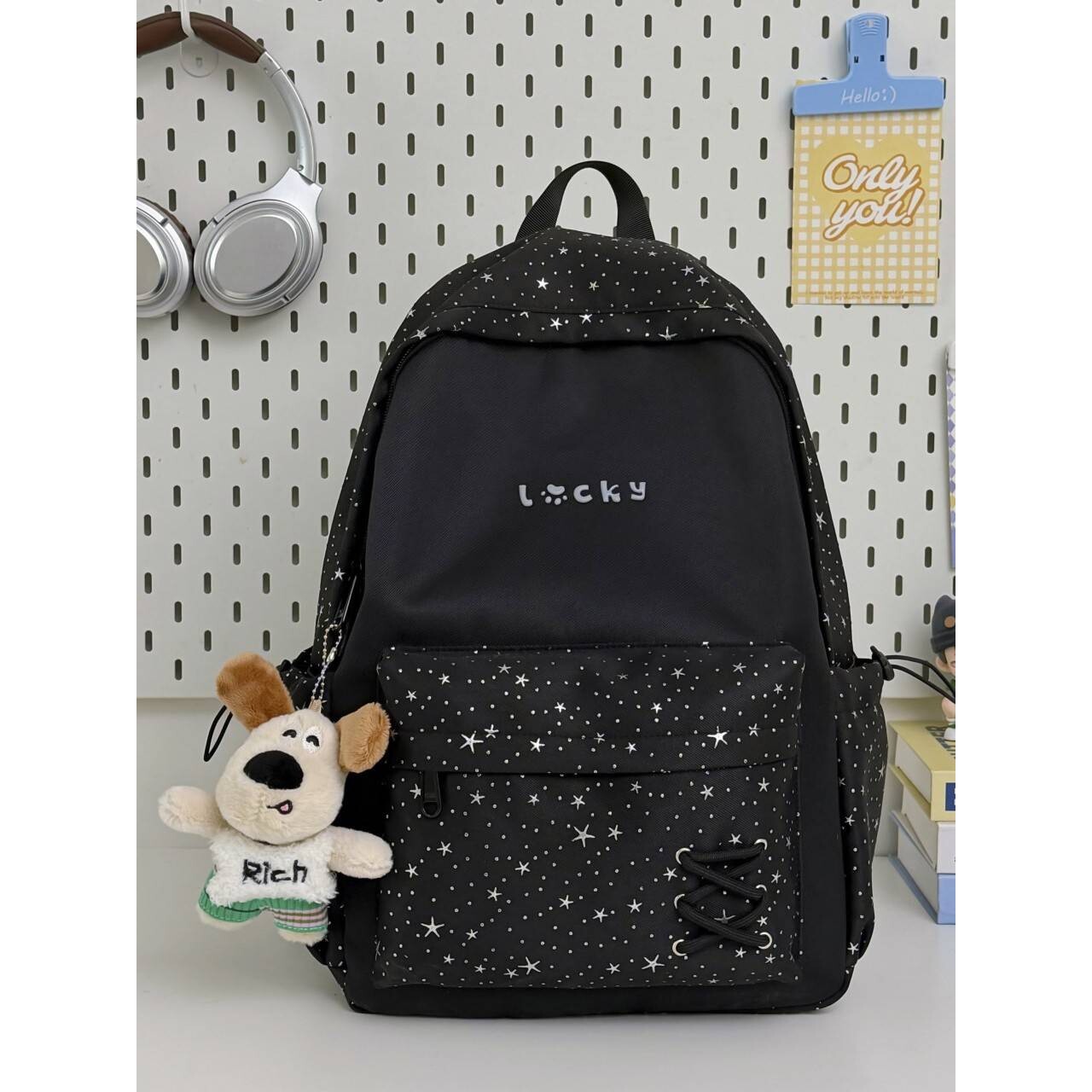 专柜品牌星星印花学生书包高颜值韩版学生书包纯色印花学生书包大