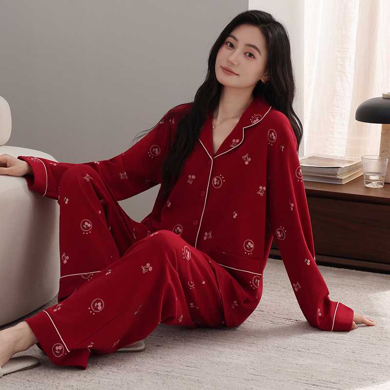 专柜品牌睡衣女春秋季纯棉长袖开衫翻领2026新款全棉红色本命年家