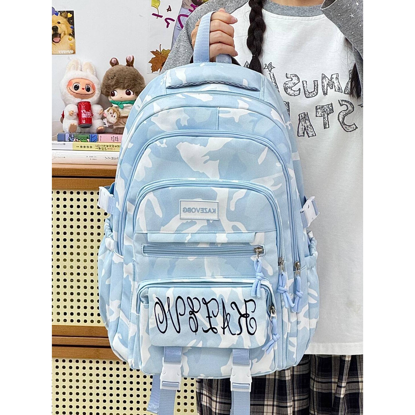 专柜品牌冰感清透迷彩蓝印花双肩包初高中少女学生党甜酷风上课出