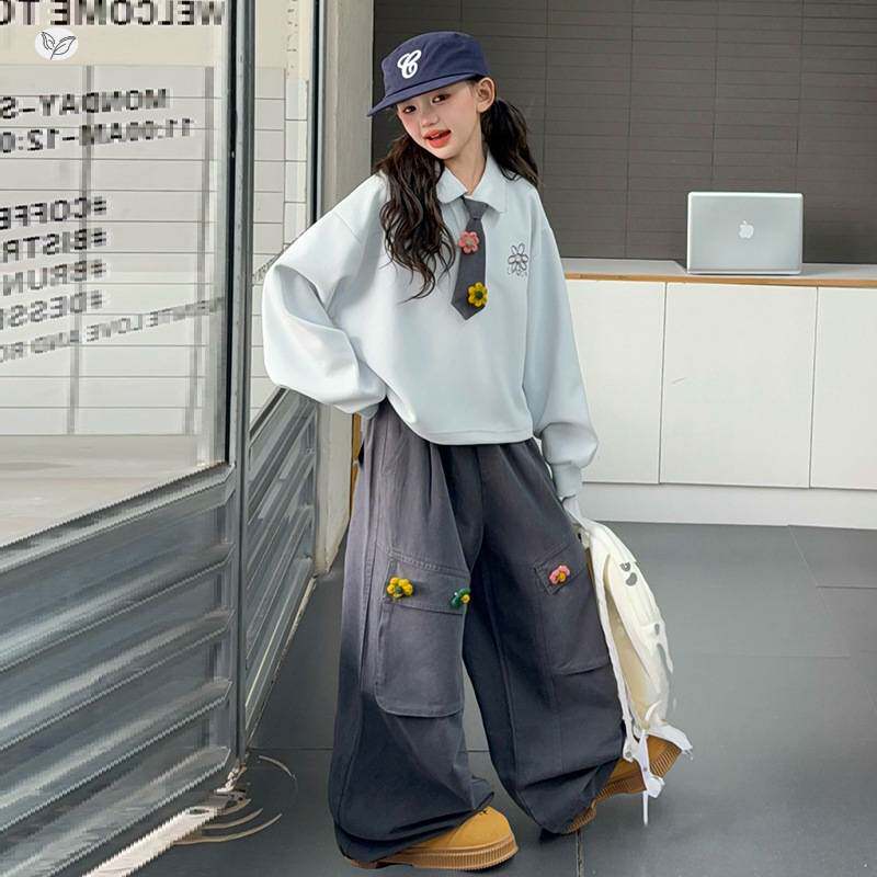 商场品牌女童春秋套装2026年新款立体花朵卫衣工装裤两件套中大童