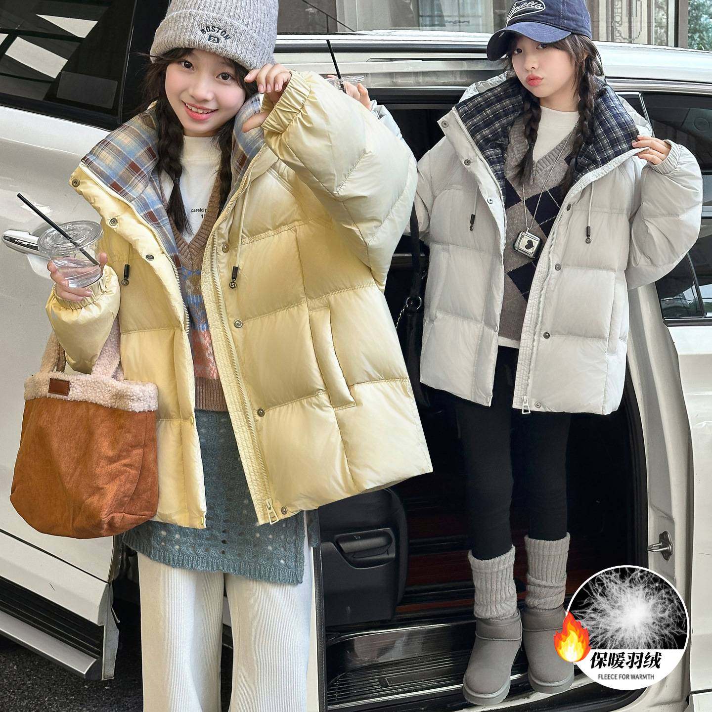 商场品牌女童冬装保暖羽绒服2025新款儿童韩系大童时髦面包连帽白