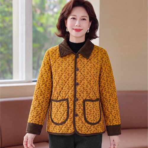 专柜品牌中老年人碎花灯芯绒翻领洋气棉袄女妈妈秋冬加绒加厚保暖