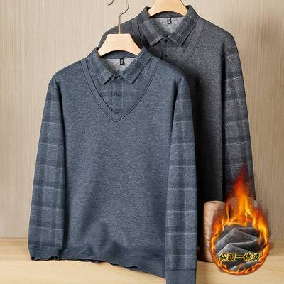 商场品牌2025秋冬男士加肥加大码保暖翻领针织衫加绒加厚假两件长