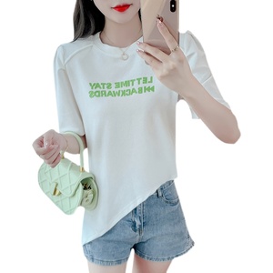 PS42434# 夏季新款韩版圆领印花字母不规则下摆修身短袖T恤女 服装批发女装直播货源