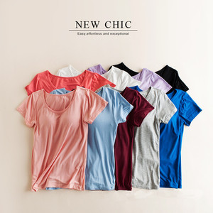 女莫代尔带罩杯无钢圈bra短袖半袖免穿文胸T恤瑜伽跑步打底衫家居