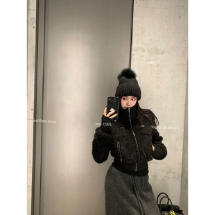 2025新款羊羔毛绒立领短外套女冬高级感加厚保暖皮毛一体夹克上衣