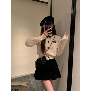 两件套韩系小香风钉钻针织开衫 女 丝绒蛋糕裙复古千金感短裙套装