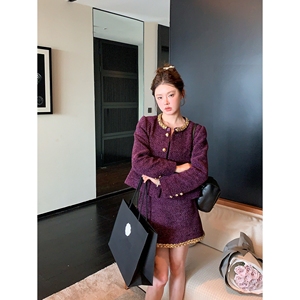 两件套富家千金感重工编织拼色短款外套女秋新款小香风半身裙套装