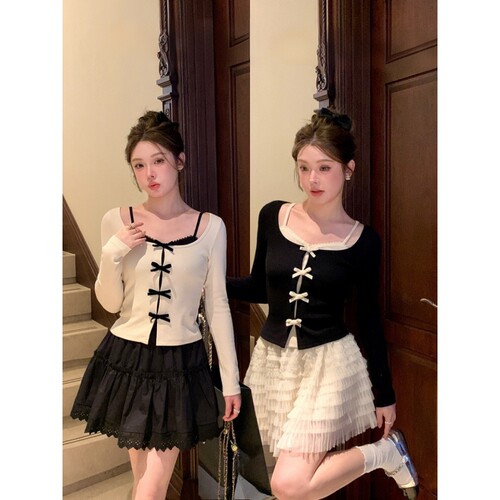 蝴蝶结上衣蓬蓬短裙两件套装女春
