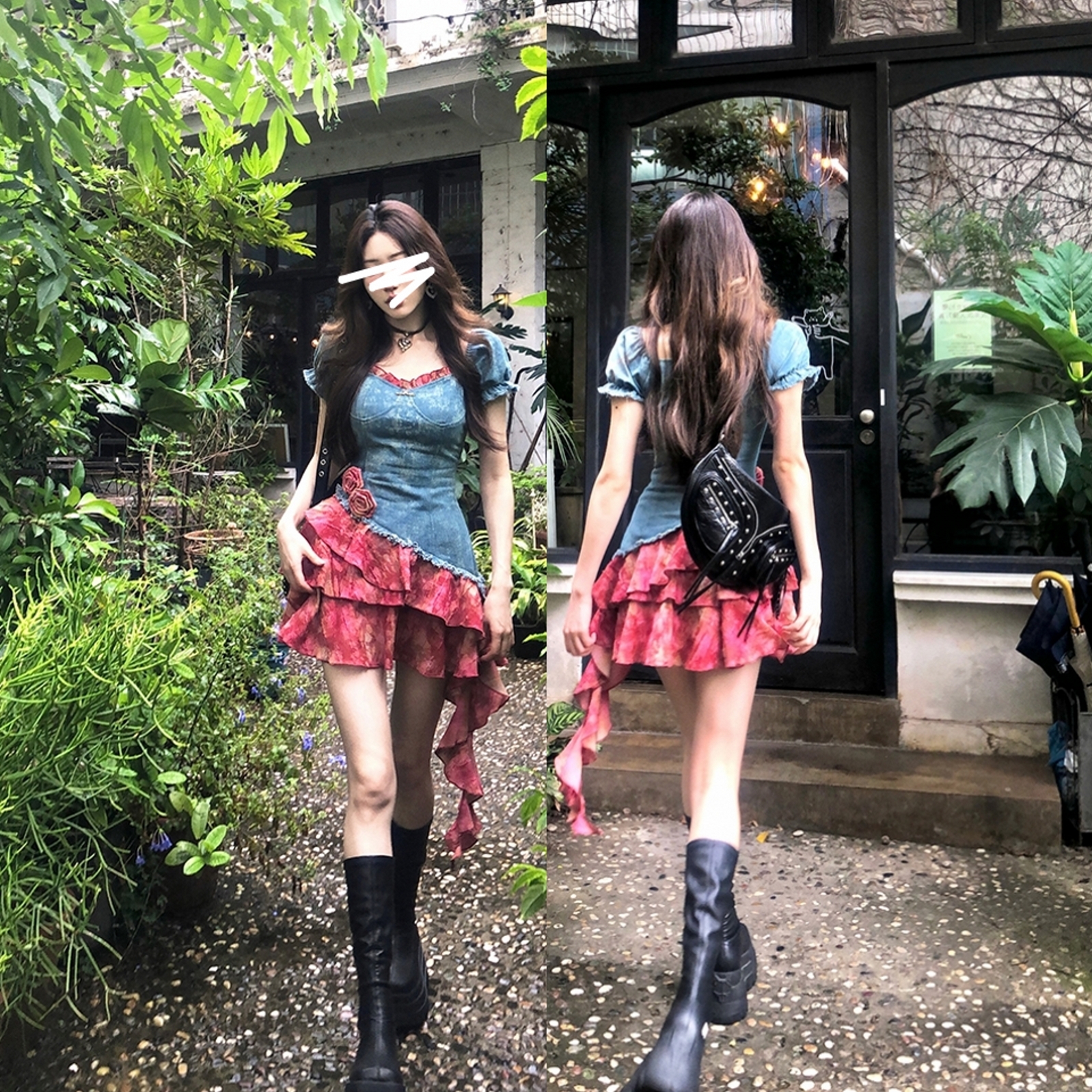 连衣裙设计感撞色拼接牛仔裙女夏甜酷辣妹风扎染不规则高腰短裙子