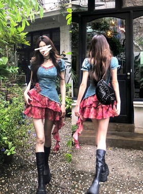 扎染撞色拼接不规则牛仔短裙女夏