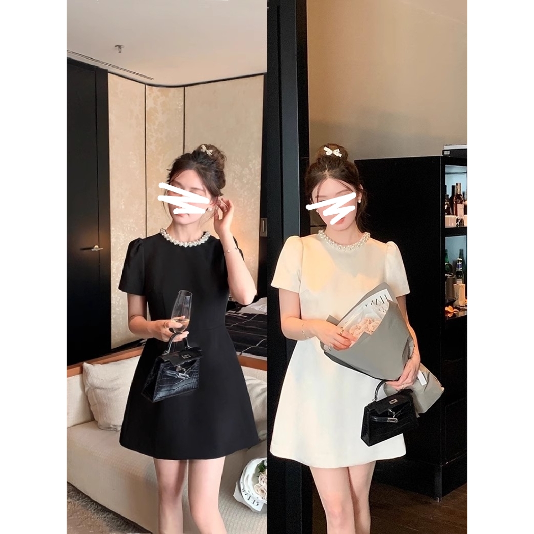 珍珠领泡泡袖收腰短裙女