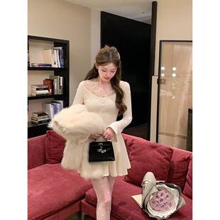 2025法式温柔风蕾丝拼接针织连衣裙女秋冬高级感收腰长裙内搭短裙