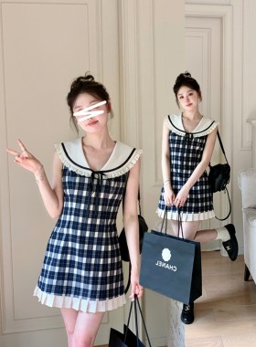 miu系海军领无袖格子连衣裙女夏